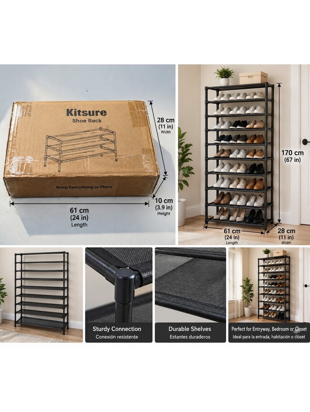 Kitsure Shoe Rack 8-Tier Durable Metal and Fabric Shoe Organizer